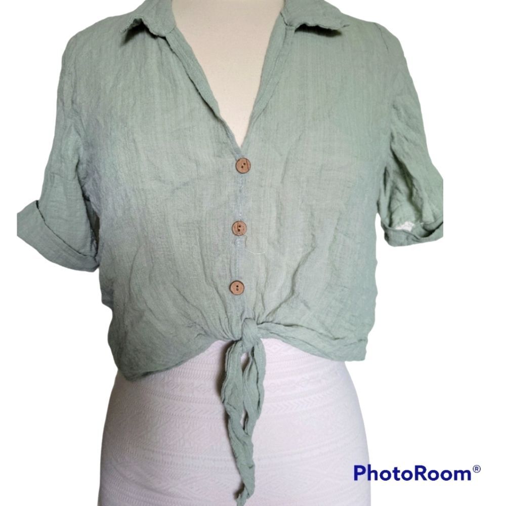 Potters Pot Green Cotton Button Down Short Sleeve Tie  Bottom Top - M